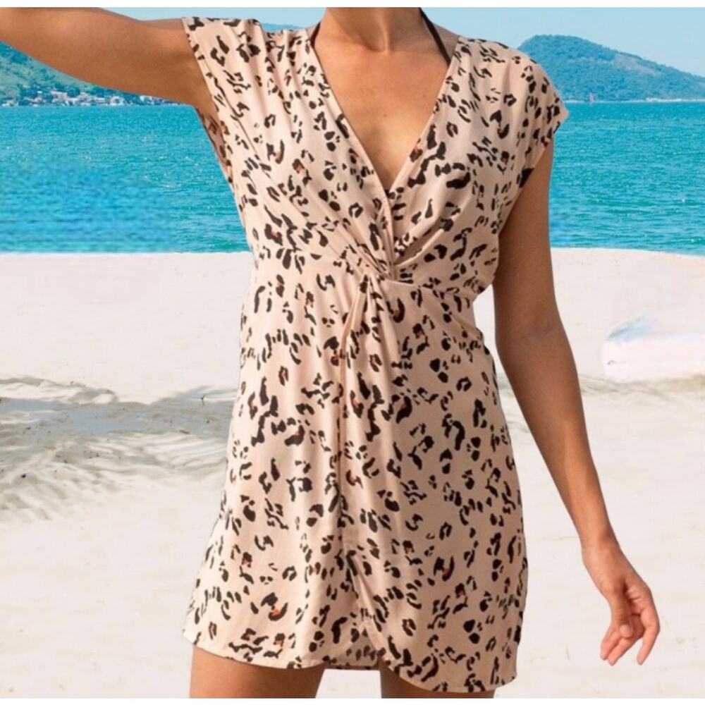 CupShe Fallon Leopard Dress Mini Tan Black NWT Medium Cap Sleeve Faux Wrap